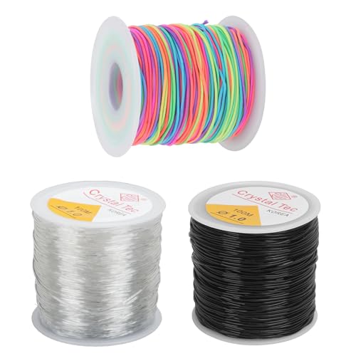 KINDPMA 3 Spulen Schmuckfaden Gummiband für Armbänder Nylonschnur Elastisches Band Perlenfaden Nylonband Perlenband für Schmuckherstellung Perlenkette DIY(schwarz+weiß 1.0mm*100m, bunt 1mm*60m) von KINDPMA