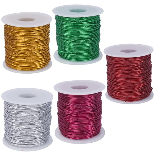 KINDPMA 5 Spulen Schmuckfaden Gummiband für Armbänder 1mm*50m Nylonschnur Elastisches Band Perlenfaden Nylonband Perlenband für Schmuckherstellung Perlenkette DIY(Silber+Gold+Rot+Grün+Lila) von KINDPMA