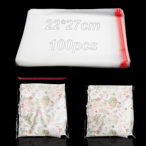 100 Stück Cellophantüten Selbstklebend 22x27 cm, Klarsichttüten zum Befüllen OPP Kleine Plastiktüten Plastikbeutel Verschließbar für Kekse, Süßigkeiten, Schokolade, Schmuck & Ohrringe von KINETOX
