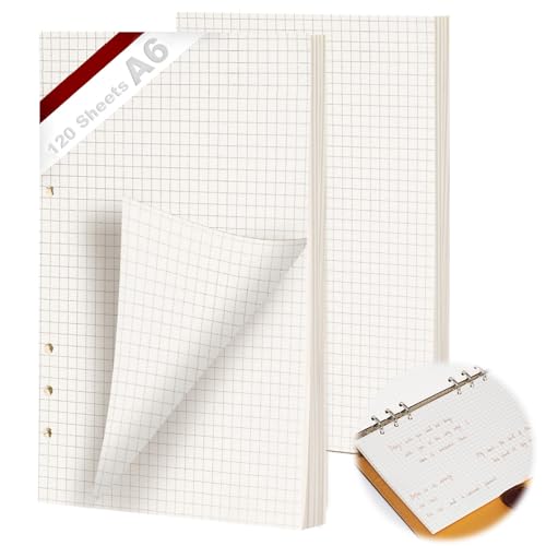 KINETOX 2 Pack Ringbuch A6 Nachfüllbare 120 Blätter Papiera 6 Loch Karierte A6 Nachfüllpapier Nachfüllbare Refill Paper Nachfülleinlagen für a6-Notizbücher Tagebücher Skizzen Agenden Planer von KINETOX