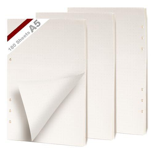 KINETOX 3 Pack Ringbuch A5 Nachfüllbare 180 Blätter Papiera 6 Loch Gepunktet A5 Nachfüllpapier Nachfüllbare Refill Paper Nachfülleinlagen für a5-Notizbücher Tagebücher Skizzen Agenden Planer von KINETOX