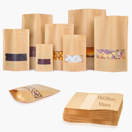 KINETOX 50 Stück Kraftpapiertüten 16X23cm Papiertüten mit Fenster Standbeutel aus Kraftpapier Papiertüten Braun Kraftpapierbeutel für Nüsse Kaffeebohnen Teeblätter Süßigkeiten Snacks von KINETOX