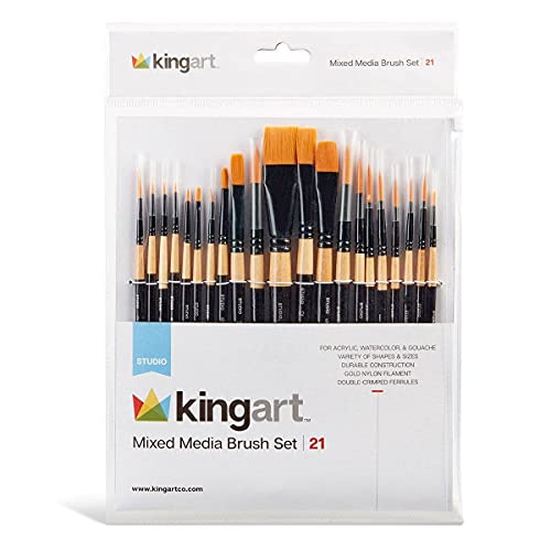 KINGART Studio Mixed Media Pinsel-Set, 21 Stück, Verschiedene Formen und Größen, goldfarbener Nylon-Filament, schwarz glänzend lackierter Griff mit schwarzer Hülse, Acryl, Aquarell, Öl und mehr von KINGART