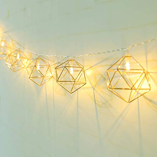 Geometrische Metall Lichterkette,KINGCOO 20LED Gold Vintage Lampenschirm Metall Polygon Laterne Käfig Dekorative Lichterkette Batteriebetriebene für Wohnzimmer Party Hochzeit Garten (Polygon) von KINGCOO