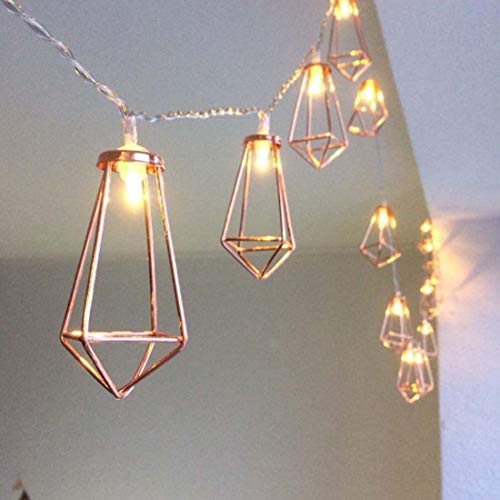KINGCOO Geometrische Metall Lichterkette, 20LED Roségold Vintage Lampenschirm Metall Polygon Laterne Käfig Dekorative Lichterkette Batteriebetriebene für Wohnzimmer Party Hochzeit Garten (Diamant) von KINGCOO