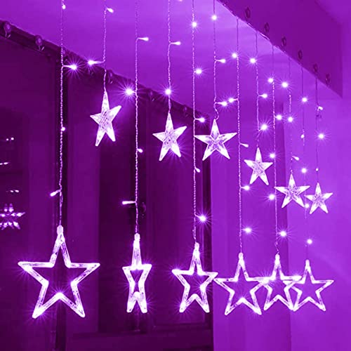 KINGCOO 138 LED Vorhang Lichterkette, 2m 12 Sterne Batteriebetriebene Fenster Vorhang Fee Lichterketten Dekoleuchte für Festival Weihnachten/Hochzeit/Party/Garten Dekorationen (Lila) von KINGCOO