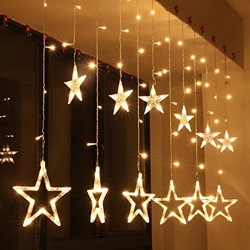 KINGCOO 138 LED Vorhang Lichterkette, 2m 12 Sterne Batteriebetriebene Fenster Vorhang Fee Lichterketten Dekoleuchte für Festival Weihnachten/Hochzeit/Party/Garten Dekorationen (Warmweiß) von KINGCOO