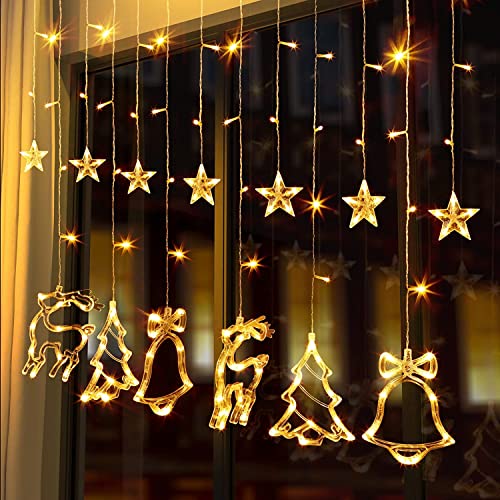 KINGCOO 138LED Glocken Elch Sternenvorhang Lichter 8 Modi Batteriebetriebene Fenster Lichtervorhang mit USB Fernbedienung Timer Fee Lichterketten für Innen Außen Hochzeit Party Weihnachten(Warmweiß) KINGCOO 138LED Glocken Elch Sternenvorhang Lichter 8 Modi Batteriebetriebene Fenster Lichtervorhang mit USB Fernbedienung Timer Fee Lichterketten für Innen Außen Hochzeit Party Weihnachten(Warmweiß) von KINGCOO