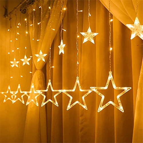 KINGCOO 138LED Vorhanglichter, 2,5 m 12 Sterne Solar Fenstervorhang Eiszapfen Innen Außen Fee Lichterkette Fernbedienung für Festival Weihnachten Hochzeitsfeier Garten Schlafzimmer Deko (Warmweiß) von KINGCOO