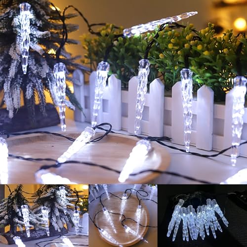 KINGCOO 20LED Eiszapfen Lichterkette Außen und Innen, Wasserdicht 5M LED Solar Eiszapfenleuchten Rohr Lichter für Balkon Party Garten Haus Weihnachtsbeleuchtung Deko (Weiß) von KINGCOO