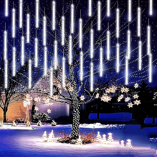 KINGCOO 288LED Meteoritenschauer Lichterketten Garten, Wasserdicht 30cm 8Tubes Fallende Regentropfen Solarleuchten Dekorative Lichtschläuche für Außen Party Hochzeit Weihnachtsbaum(Weiß) von KINGCOO