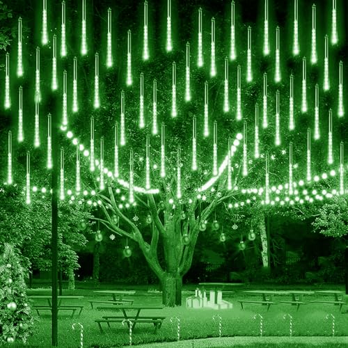 KINGCOO 2St Meteorschauer Lichterkette, Meteorschauer Fallende Regen Lichter 30cm 8 Tubes 192LEDs Wasserdichte Schneefall Lichterkette für Garten Hochzeit Party Weihnachten Dekoration (Grün) von KINGCOO