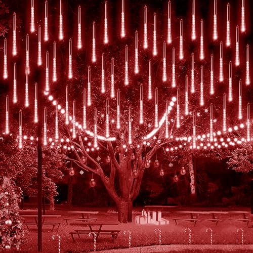 KINGCOO 2St Meteorschauer Lichterkette, Meteorschauer Fallende Regen Lichter 30cm 8 Tubes 192LEDs Wasserdichte Schneefall Lichterkette für Garten Hochzeit Party Weihnachten Dekoration (Rot) von KINGCOO