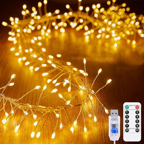 KINGCOO Feuerwerk Lichterkette Außen Innen, 3M 100LED USB Kupferdraht Cluster Lichter 8Modi mit Fernbedienung Timer für DIY Schlafzimmer Weihnachten Hochzeit Party Décor (Warmweiß) von KINGCOO