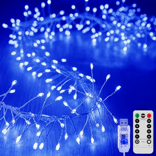 KINGCOO Feuerwerk Lichterkette Außen Innen, 6M 200LED USB Kupferdraht Cluster Lichter 8Modi mit Timer Fernbedienung für DIY Schlafzimmer Weihnachten Hochzeit Party Décor (Blau) von KINGCOO