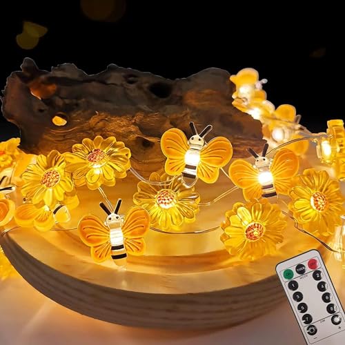 KINGCOO Honigbienen Lichterketten, 3M 30LED Bienen Sonnenblume Kupferdraht Lichterketten Batteriebetrie Fernbedienung für Außen Innen Mädchen Schlafzimmer Weihnachten Hochzeit Party Geburtstagsdeko von KINGCOO