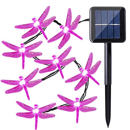 KINGCOO Libelle Schnur Lichter Solarleuchten Außen, Wasserdicht 20ft 30LED 8 Modus Solar Lichterketten für Haus Terrasse Garten Party Hochzeit Weihnachtsbeleuchtung Dekorationen (Rosa) von KINGCOO