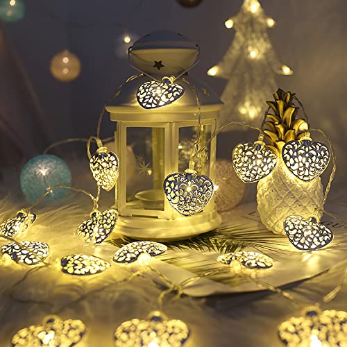 KINGCOO Marokkanische LED Lichterkette, Silber Metall Herz 20led Warmweiß Lichterketten Laternenlampen Batteriebetriebene Geometrische Schnur Licht für Außen Innenhochzeitsfeier Weihnachtsdekoration von KINGCOO