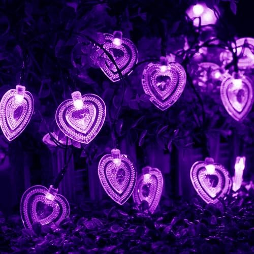 KINGCOO Solar Herz Lichtschlauch Lichterketten Außen, Wasserdichte 6M 30LED Herzform Solar Fee Lichter 8Modus Ambiente Beleuchtung für Garten Weihnachten Hochzeit Valentinstag Dekoration (Lila) von KINGCOO