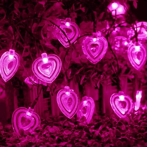 KINGCOO Solar Herz Lichtschlauch Lichterketten Außen, Wasserdichte 6M 30LED Herzform Solar Fee Lichter 8Modus Ambiente Beleuchtung für Garten Weihnachten Hochzeit Valentinstag Dekoration (Rosa) von KINGCOO