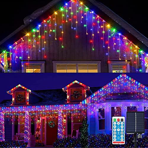 KINGCOO Solar Lichtervorhang Außen, Wasserdicht 5M 256LED Eisregen Vorhang Solar Lichterketten Fernbedienung 8 Modi Innen Weihnachtsbeleuchtung für Garten Balkon Hochzeit Wanddekorationen(Mehrfarbig) von KINGCOO