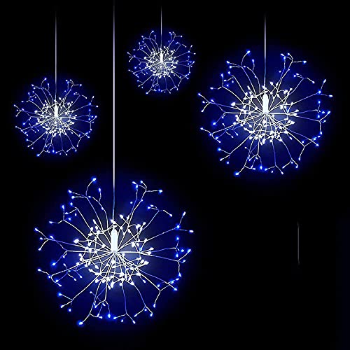 KINGCOO Solarlampen Feuerwerk Lichterketten Außen, Wasserdicht 480LED Kupferdraht Starburst 8Modi Hängende Kronleuchter Schnur Lichter für Gärten Hochzeitsfeier Weihnachtsdekorationen (Blau/Weiß) von KINGCOO