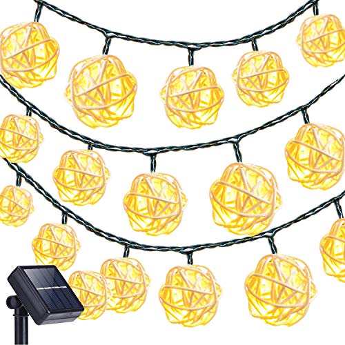 KINGCOO Solar Laternen Lichterkette Außen, 20LED Rattan Solar Kugeln Lampions Schnur Licht für Garten Party Hochzeit Weihnachtenbeleuchtung Dekoration (Warmweiß-1) von KINGCOO