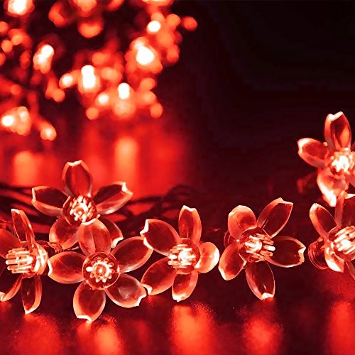 KINGCOO Solarlampen Blumen Schnur Lichter Außen, Wasserdicht 23ft/7m 50 LED Pfirsichblüte Kirschblüte Solar Lichterkette für GärtenHäuser Hochzeit Weihnachtsfeier Dekorationen (Rot) von KINGCOO