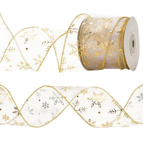 KINGLAKE 10M Geschenkband mit Draht Gold, Schneeflocke Organzaband, Weihnachtenband 6.3cm, Schleifenband Breit, Drahtband Glitzer, Band für Dekoratives Geschenk, Kranz, Handwerk, Weihnacht von KINGLAKE