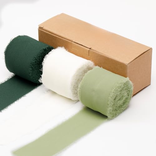 KINGLAKE 4cm Chiffonband Hochzeit, Geschenkband Grün Breit, 18.9M Schleifenband, Seidenband, Weihnachtsband, Dekoband für Geschenke Eukalyptus Weihnachten- Salbeigrün Cremeweiß Dunkelgrün von KINGLAKE