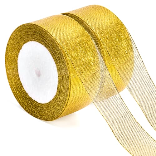 KINGLAKE Geschenkband Gold 44M,Weihnachtenband Organza,Schleifenband 4cm,Dekorativ Satinband Geeignet für Geschenk Verpackungen,Weihnachts und Hochzeitsdekoration,Handgefertigt von KINGLAKE