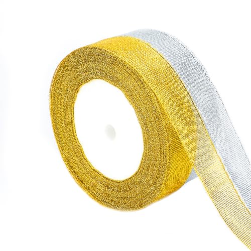 KINGLAKE Geschenkband Gold und Silber 44M,Weihnachtenband Organza,Schleifenband 2cm,Dekorativ Satinband Geeignet für Geschenk Verpackungen,Weihnachts und Hochzeitsdekoration,Handgefertigt von KINGLAKE