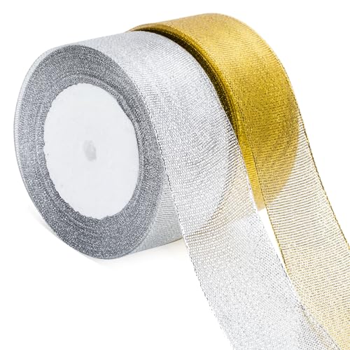 KINGLAKE Geschenkband Gold und Silber 44M,Weihnachtenband Organza,Schleifenband 4cm,Dekorativ Satinband Geeignet für Geschenk Verpackungen,Weihnachts und Hochzeitsdekoration,Handgefertigt von KINGLAKE