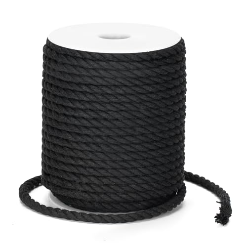 KINGLAKE Makramee Garn 6mm,Baumwollschnur 25M,Makramee Kordel Schwarz 6mm,Baumwollkordel,Dicke Geflochten Schnur, Baumwollseil Für Handwerk, Gartenarbeit, Verpackung, Dekoration von KINGLAKE