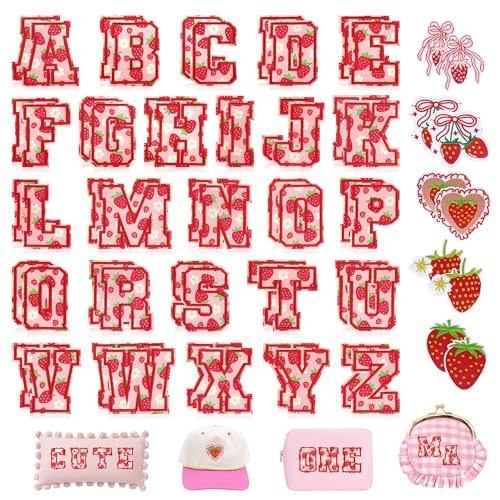 Buchstaben zum Aufbügeln für Kleidung: 62 Stück Erdbeer-Varsity bestickte Aufnäher für Mädchen und Tochter – niedliche A-Z Alphabet-Applikation DIY Handwerk für Rucksäcke, Taschen, Hüte, Jacken von KINGSOW
