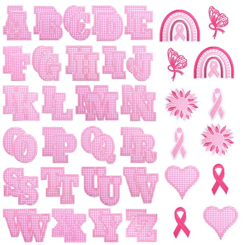 KINGSOW Selbstklebende Buchstaben-Patches für Kleidung: 64 Stück, rosa Büffelmuster, Stoffbuchstaben zum Aufkleben – Bandschleifen, bestickte Nähapplikation für Brustkrebs-Bewusstsein, Hemd, Hut von KINGSOW