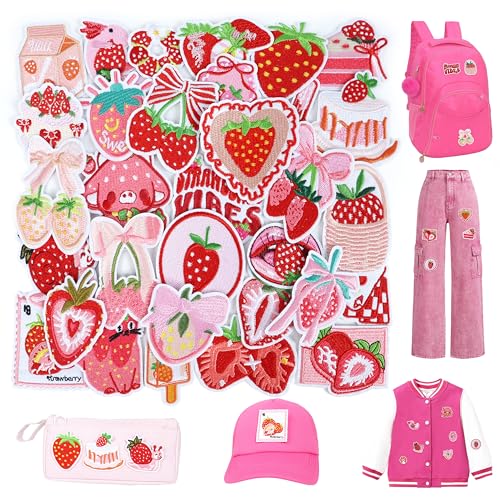 Kingsow Erdbeer-Aufnäher zum Aufbügeln für Mädchen: 32 Stück rosa Kawaii Ästhetische DIY Kleidung Patches für Rucksäcke, Hüte, Jeans – niedliche Aufnäher für die Reparatur von Kleidung von KINGSOW