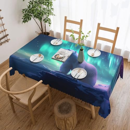 KINGWW Northern Lights Eisbär, Nordlichter, Eisbär, fettabweisend, quadratische Tischdecken für rechteckige Tische, wiederverwendbare und waschbare Tischdecken, Polyester-Stoff-Tischdecken von Kingww