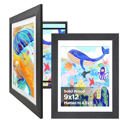 KINLINK 9x12 Kinder Kunstrahmen Frontöffnung 2 Stück, Holz-Bilderrahmen für 50 Bilder, Kunstrahmen für Kinder Kunstwerk mit Matte für A4 und 8,5x11 oder ohne Matte für 9x12, Schwarz von KINLINK