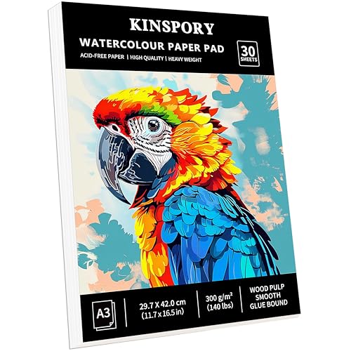 KINSPORY Aquarellpapier A3 mit 30 Blatt - 300gsm Aquarellblock, kaltgepresstes Textur-Aquarellpapier, Skizzenbuch, Wasserfarben Papier für Malerei, Zeichnung, Skizzen und Mischtechnik - 29,7 x 42 cm von KINSPORY