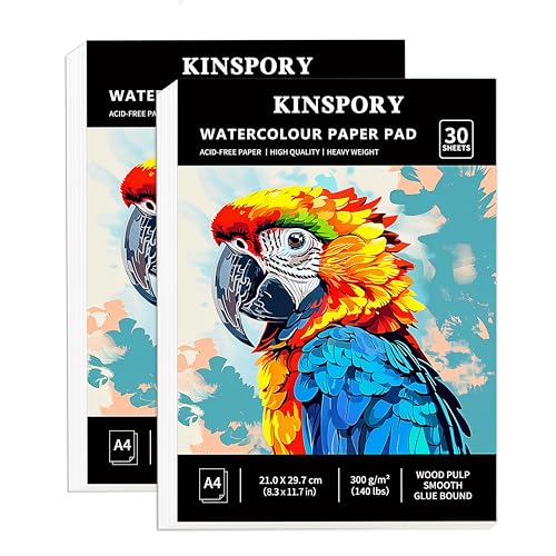 KINSPORY Aquarellpapier A4 mit 30 Blatt, 2er-Pack 300gsm Aquarellblock, kaltgepresstes Textur-Aquarellpapier, Wasserfarben Papier für Malerei, Zeichnung, Skizzen und Mischtechnik - 21 x 29,7 cm von KINSPORY