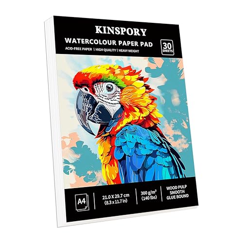 KINSPORY Aquarellpapier A4 mit 30 Blatt - 300gsm Aquarellblock, kaltgepresstes Textur-Aquarellpapier, Skizzenbuch, Wasserfarben Papier für Malerei, Zeichnung, Skizzen und Mischtechnik - 21 x 29,7 cm von KINSPORY