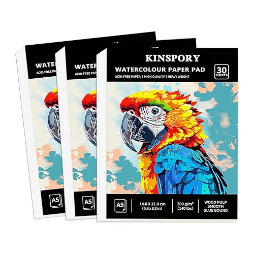 KINSPORY Aquarellpapier A5 mit 30 Blatt, 3er-Pack 300gsm Aquarellblock, kaltgepresstes Textur-Aquarellpapier, Wasserfarben Papier für Malerei, Zeichnung, Skizzen und Mischtechnik - 14,8 x 21 cm von KINSPORY