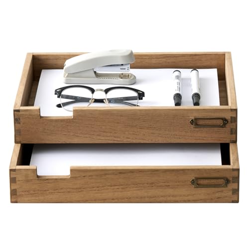 KIRIGEN Stapelbarer Büro Brief Organizer aus Holz Schreibtischablage 2er-Pack Holz zweistufige Ablage für Desktop-Organizer mit Metalletiketten-Kartenhalter Posteingangsablage für Schreibtisch von KIRIGEN