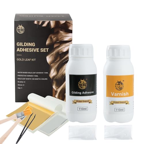 KIRIN Blattgold Kleber Set, inkl. 100 ml Kleber und 100 ml Schutzlack auf Wasserbasis, Blattgold 100 Stück, 2 Pinsel, für Metallfolienblätter, Malerei, Vergoldung, Handwerk, Heimdekoration von KIRIN