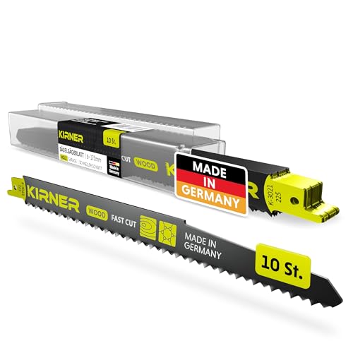 KIRNER Säbelsägeblätter Holz 225mm [ Extrem scharf & Langlebig ] 10er Pack Sägeblätter Säbelsäge inkl. Box - Reciprosägeblätter mit Universalaufnahme für alle Holz und Kunststoff 6-175mm von KIRNER