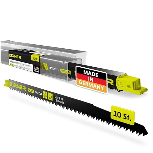KIRNER Säbelsägeblätter Holz 300mm [ Extrem scharf & Langlebig ] 10er Pack Sägeblätter Säbelsäge inkl. Box - Reciprosägeblätter mit Universalaufnahme für alle Holz und Kunststoff 6-200mm von KIRNER