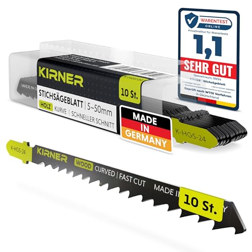 KIRNER Stichsägeblätter Holz 10 Stk [ bis zu 5x mehr Schnitte ] extrem schneller & grober Kurvenschnitt (5-50mm) in Holz & Kunststoff - für alle T-Schaft-Stichsägen - Stichsägeblatt Kurvenschnitt von KIRNER