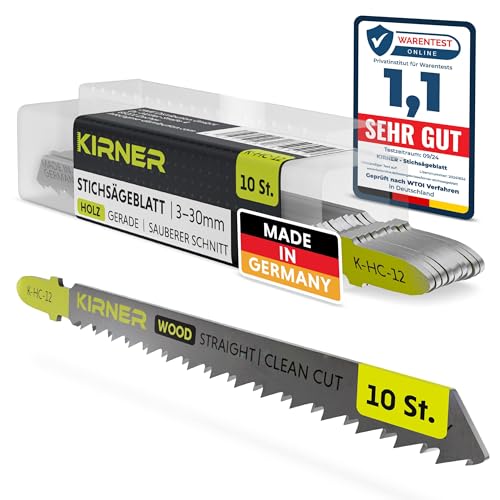 KIRNER Stichsägeblätter Holz 10 Stk. [ bis zu 5x mehr Schnitte ] extrem feiner & gerader Schnitt (3-30mm) in Holz & Kunststoff - für alle T-Schaft-Stichsägen - Feinschnitt Sägeblatt von KIRNER