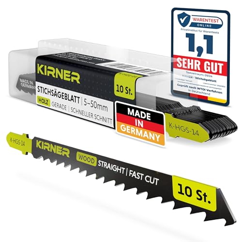 KIRNER Stichsägeblätter Holz 10 Stk. [ bis zu 5x mehr Schnitte ] extrem schneller & gerader Schnitt (5-50mm) in Holz & Kunststoff - für alle T-Schaft-Stichsägen - Sägeblätter Stichsäge von KIRNER